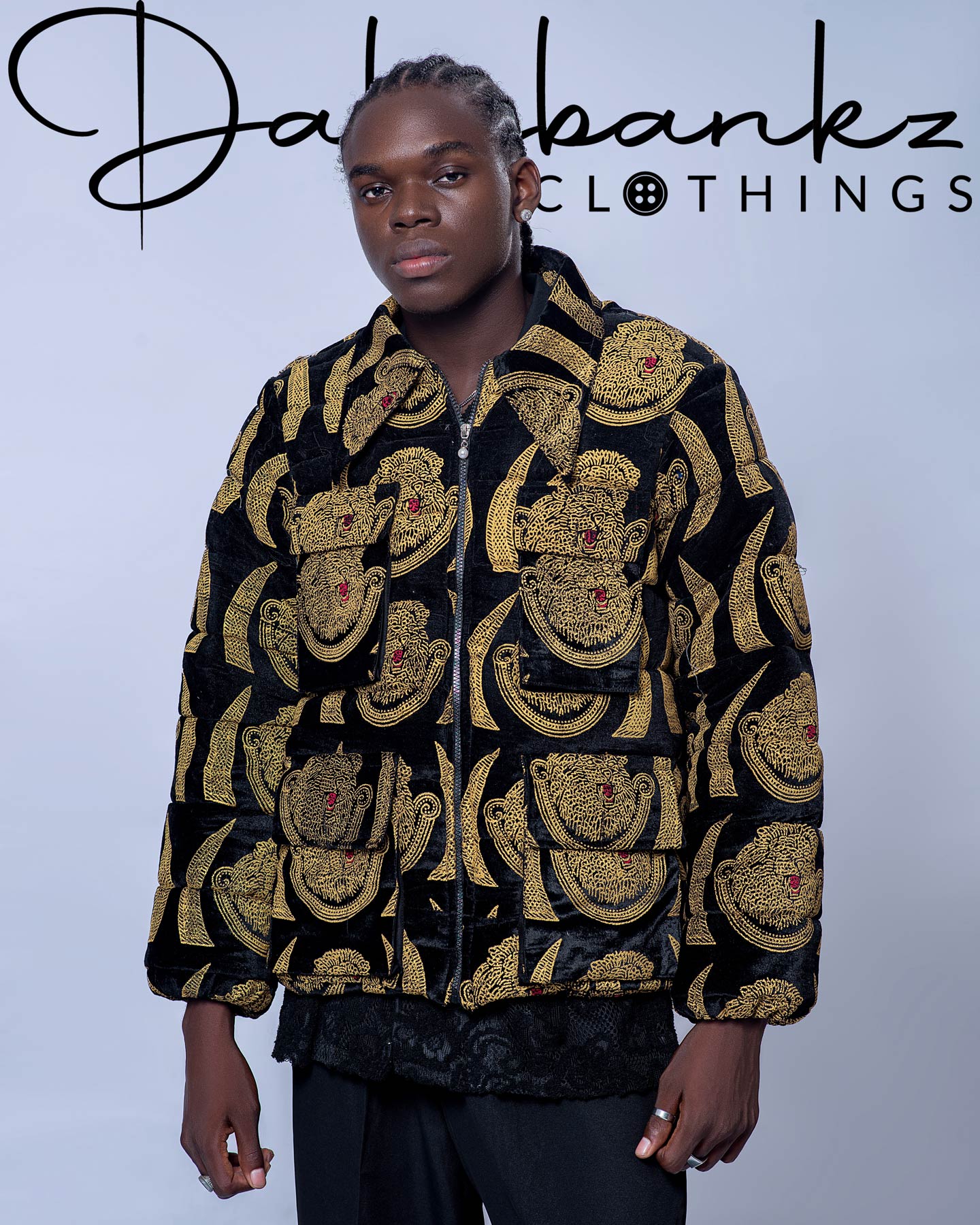 AfriFusion Black and Gold Lion Head (Ishiagwu) winter jacket