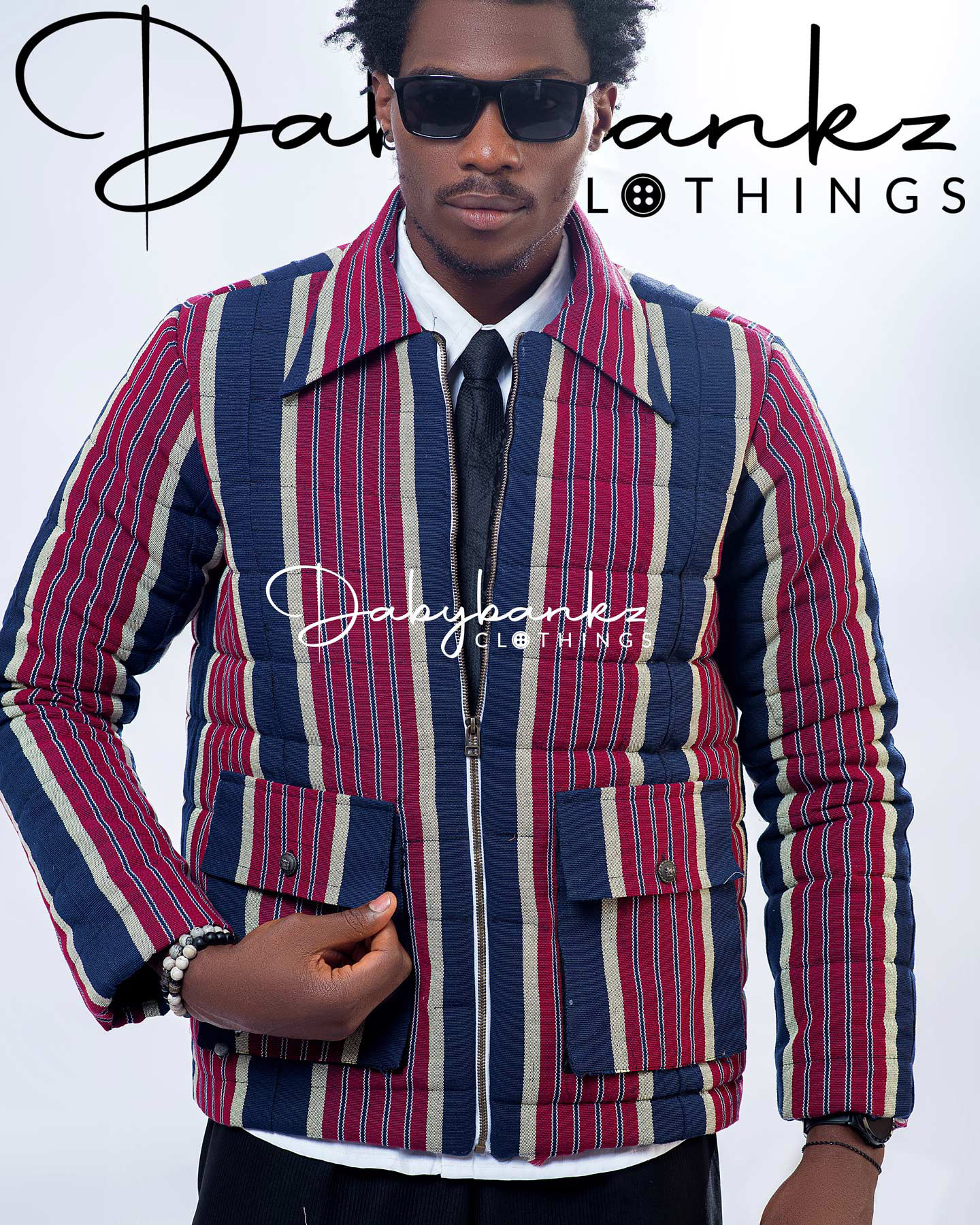 AfriFusion Red and navy blue Aso oke patterned winter jacket